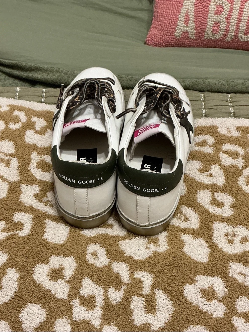 Golden Goose White Sneakers with Black Star and Green Heel